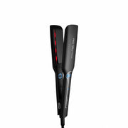 A black flat iron hair straightener with red LED light indicators on the plates and blue accent buttons, shown on a plain white background.
