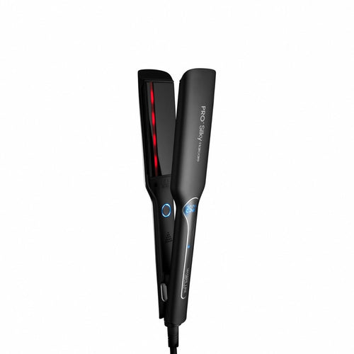 A black flat iron hair straightener with red LED light indicators on the plates and blue accent buttons, shown on a plain white background.